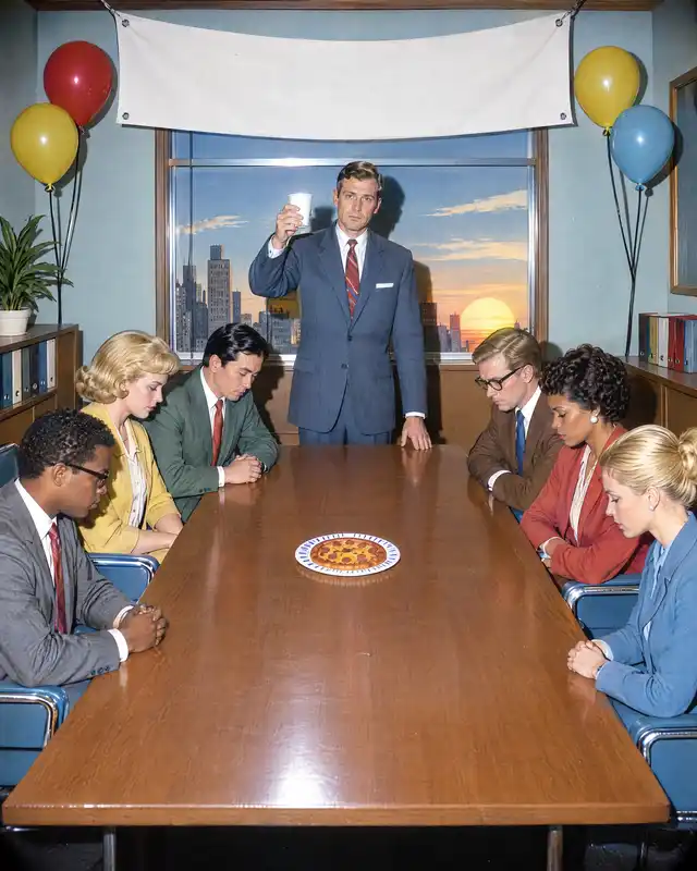 AI-generated photo of an office incident: The Pizza Bonus. A bonus is remembered for a year. A pizza is gone by sunset. Prefer the pizza.