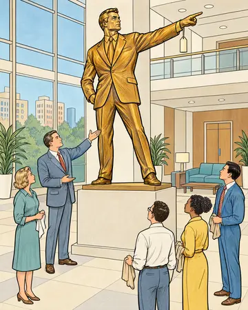 Colored sample page from HR Catastrophes' Guide to Managerial Success: Legacy. Leave a legacy. The lobby is large and the bronze is cheap.