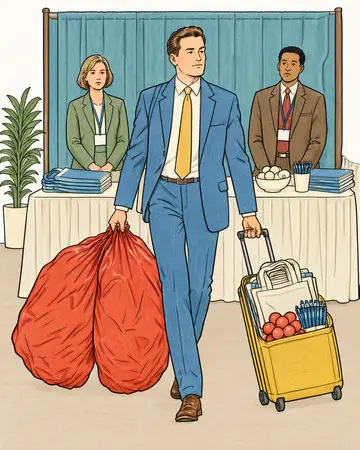 Colored sample page from HR Catastrophes' Guide to Professional Networking: The Swag Haul. Policy 3.5: Promotional items are one per attendee. The luggage has been noted.
