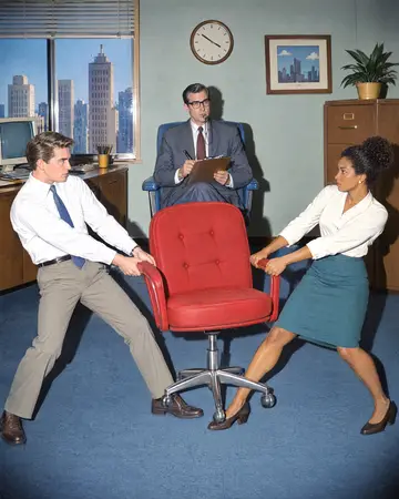 AI-generated photo of the incident from HR Catastrophes' Guide to Managerial Success: Healthy Competition. Two rivals, one chair. They will do your managing for you.