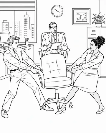 Black-and-white page as printed from HR Catastrophes' Guide to Managerial Success: Healthy Competition. Two rivals, one chair. They will do your managing for you.